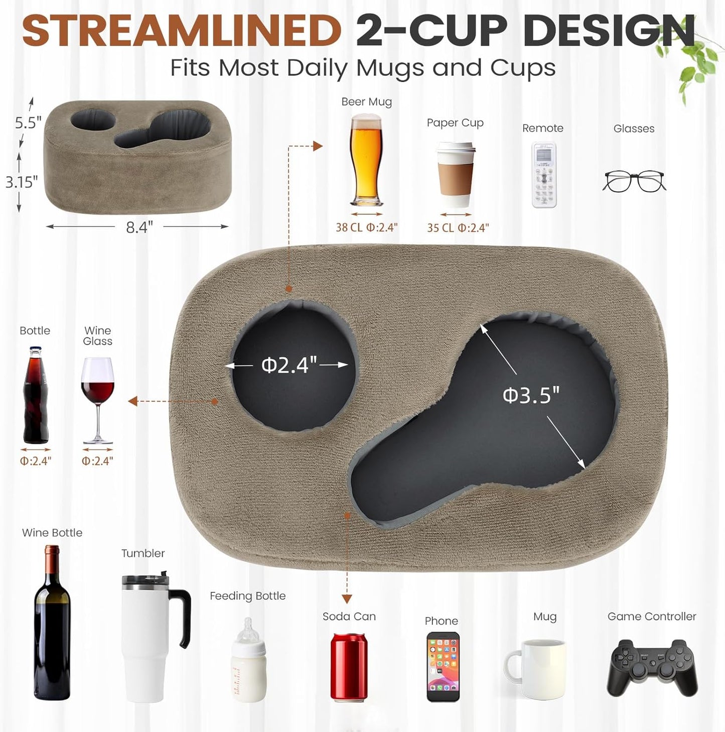 G GOOD GAIN Couch Cup Holder Pillow - Sofa & Bed Organizer Caddy for Drinks, Phones, Remotes, Snacks | Portable Tray for Car, Boat, RV, Picnic,Lightbrown