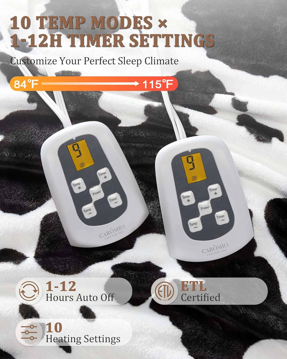 CAROMIO Heated Electric Blanket Queen Size with LCD Dual Controller, Cow Print Heating Blankets, 10 Heat Levels & 1-12H Time Settings, ETL Certified, Machine Washable, Black White, 84" x 90"