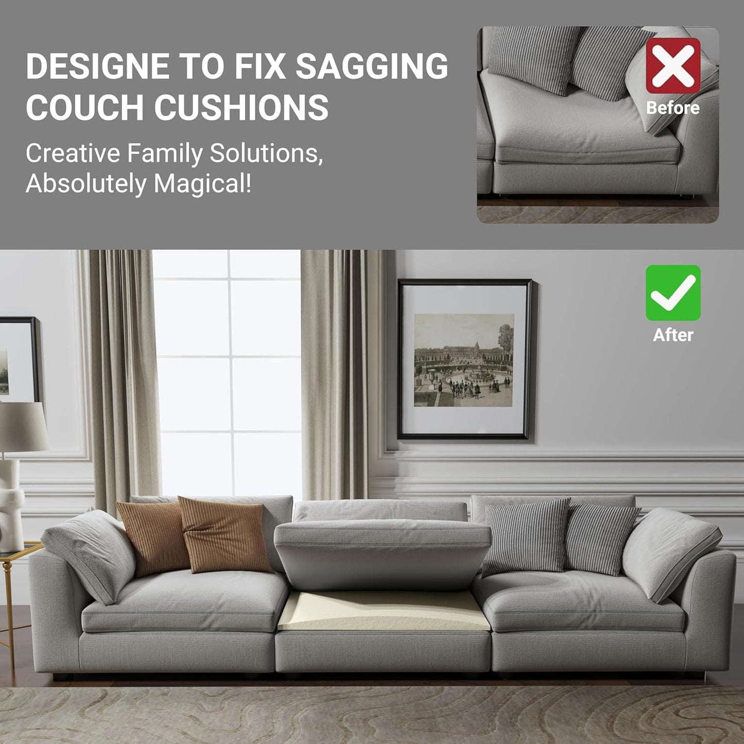 Couch Cushion Support for Sagging Seat, High Density Foam Sofa Support Replacement for Furniture, Curved Couch Supporter for Under The Cushions, Beige Set of 3