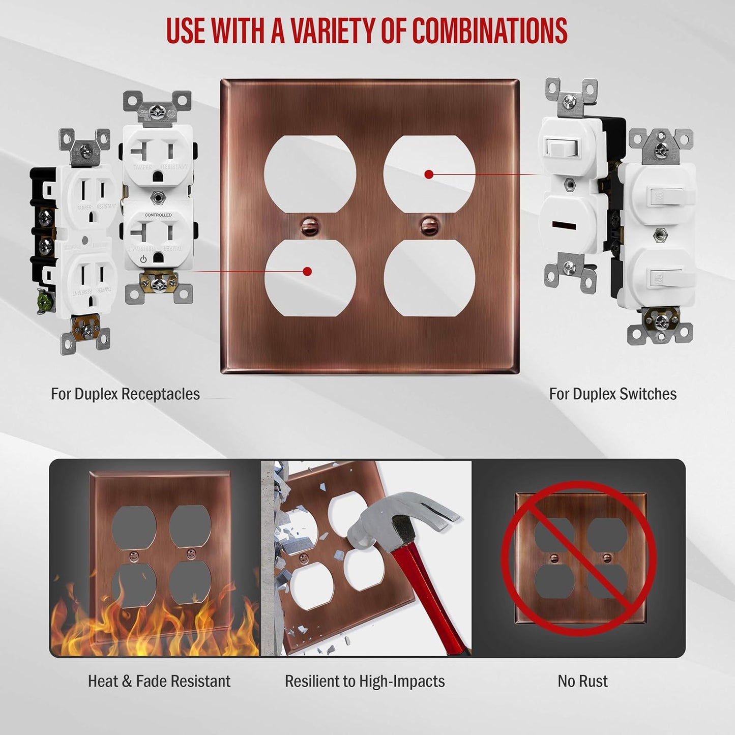 ENERLITES Antique Copper Double Duplex Receptacle Metal Wall Plate, Outlet Cover, Corrosion Resistant, Standard Size 2-Gang 4.50" x 4.57", Stainless Steel 201, 7722-AC