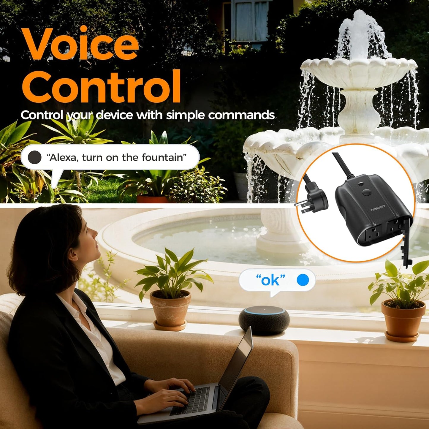 Outdoor Smart Plug Waterproof, TESSAN Smart WiFi Outlet Compatible with Alexa, Google Assistant, 2 Individual Sockets Outside Power Strip with Switch, 2.4GHz Wi-Fi Only, for Lights and 2HP Pool Pump