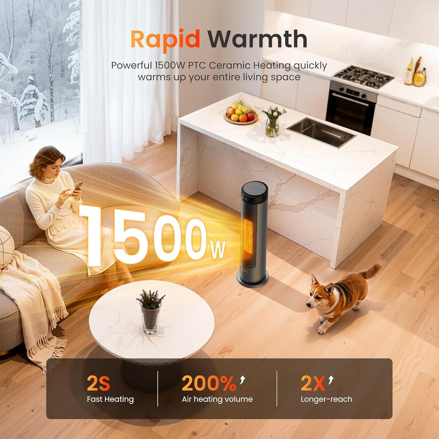 1500W Tower Indoor Space Heater for Home with Programmable Thermostat, 12H Timer & Remote Control, Oscillation and ECO Mode, Electric Heaters for Office, Bedroom, Home (Grey)