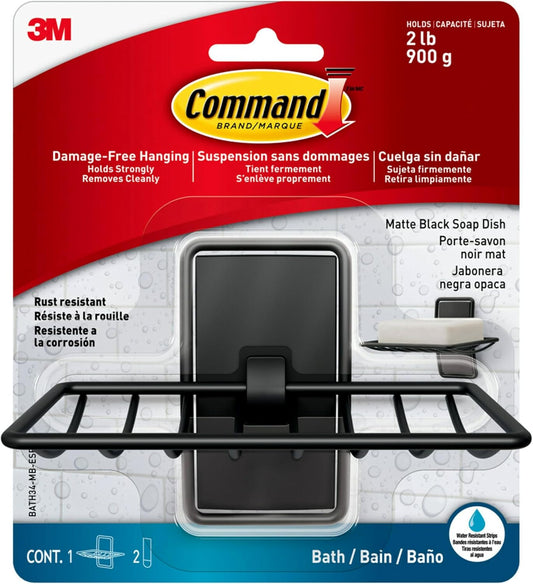 Command Soap Dish for Shower, Damage-Free Hanging, No Tools Soap Holder for Holiday Guests, 1 Matte Black Dish and 2 Water-Resistant Strips