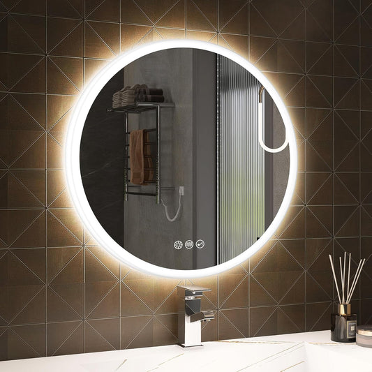S·BAGNO 24'' Round Bathroom Mirror with Lights, LED Bathroom Vanity Wall Mirror with Anti-Fog, Stepless Dimmable, 3 Colors, Tempered Glass Lighted Vanity Smart Mirror for Bathroom(No Bluetooth)