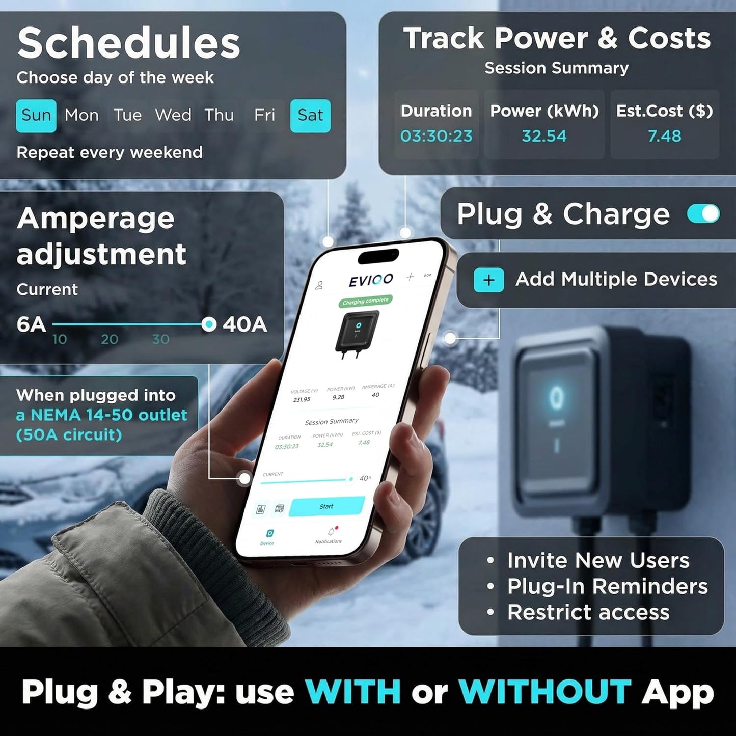 EVIQO Level 2 EV Charger 40 Amp - 9.6 kW 240V Wall Home EV Charger Level 2, NEMA 14-50 Plug, J1772 25' Cable - Enhanced Wi-Fi – UL, ETL Certified EVSE, Smart Electric Vehicle Charging Stations – GEN 2