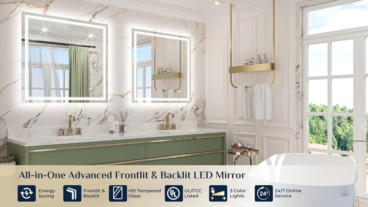 Keonjinn 36" x 36" Square Bathroom Mirror with Lights, Frontlit & Backlit LED Mirror, Safe Tempered Glass, 3 Color Lights, Dimmable, Defogging, Smart Bathroom Vanity Mirror for Wall