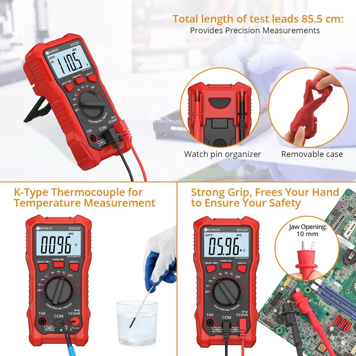 Neoteck 2000 Counts Digital Multimeter Voltmeter Tester with NCV, LCD for AC/DC Voltage&Current, Resistance, Capacitance, Live Wire, Frequency, Temperature, Duty Cycle, Continuity, Diode Measuring-Red