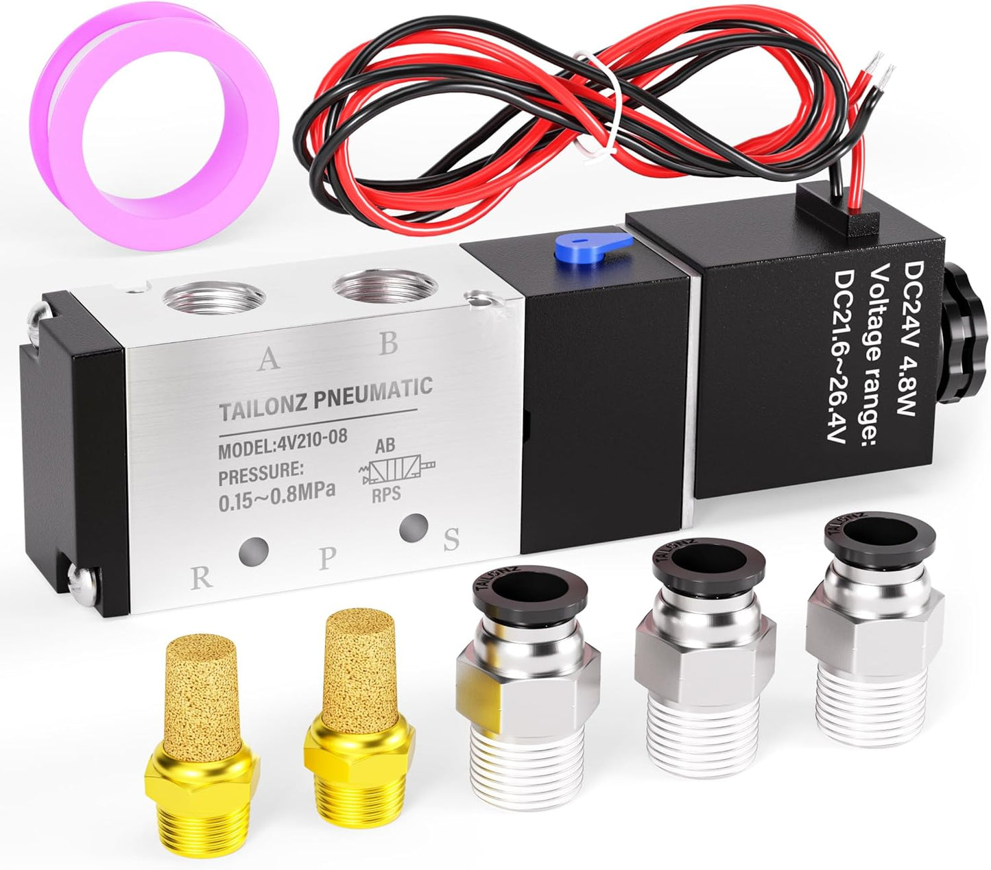 TAILONZ PNEUMATIC 1/4"NPT Solenoid Valve DC24V Single Coil Pilot-Operated Electric 2 Position 5 Way Connection Type 4V210-08 Outlet wire