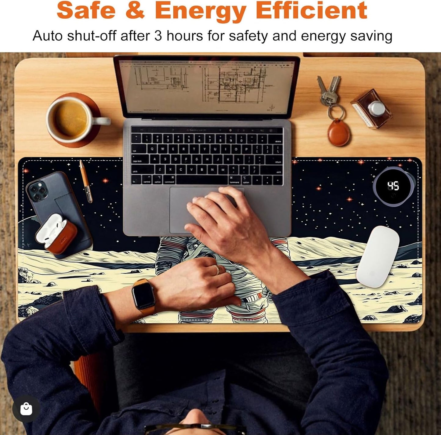 Heated Mouse Pad for Desk 31.5" x 13" – PU Leather Warm Desk Pad with 3 Heat Levels (104°F/113°F/122°F), Plug-in Electric Heating Mat with Auto Shut-Off, Waterproof & Rollable, Astronaut on Moon