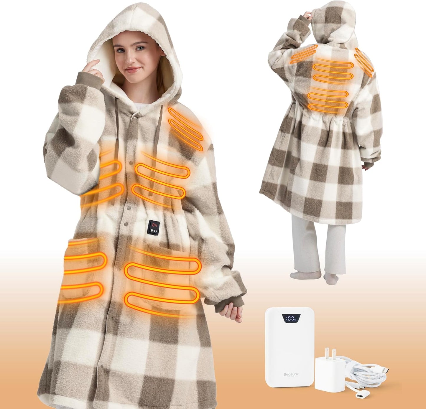 Bedsure Cordless Heated Wearable Blanket Hoodie - Faux Cashmere Electric Blanket with 20000mAh Battery Pack, Portable USB Heated Throw, Gifts for Women, 4 Heat Levels & 4 Timers, 22"x43", Brown Plaid