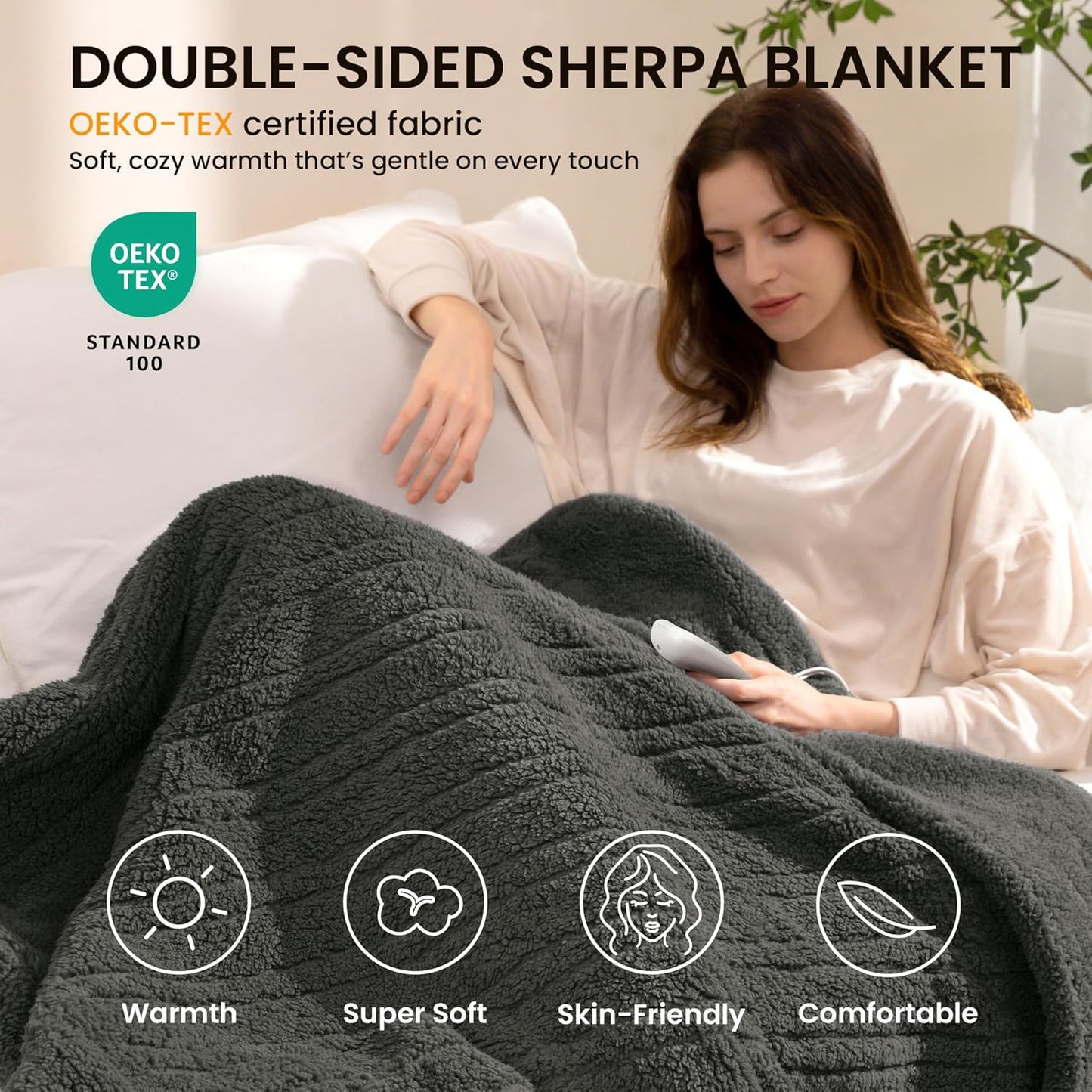 Heated Blanket Electric Blanket King - Fast Heating Blanket Throw Dual Control Double Sided Sherpa with 10 Heating Levels & 2-10 Hours Auto Off, Mashine Washable, 90 x 100 Inches, Grey