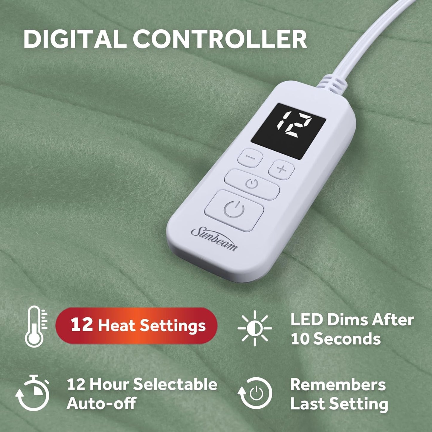 Sunbeam Royal Ultra Fleece Heated Electric Blanket Full Size, 84" x 72", 12 Heat Settings, 12-Hour Selectable Auto Shut-Off, Fast Heating, Machine Washable, Warm and Cozy, Matcha