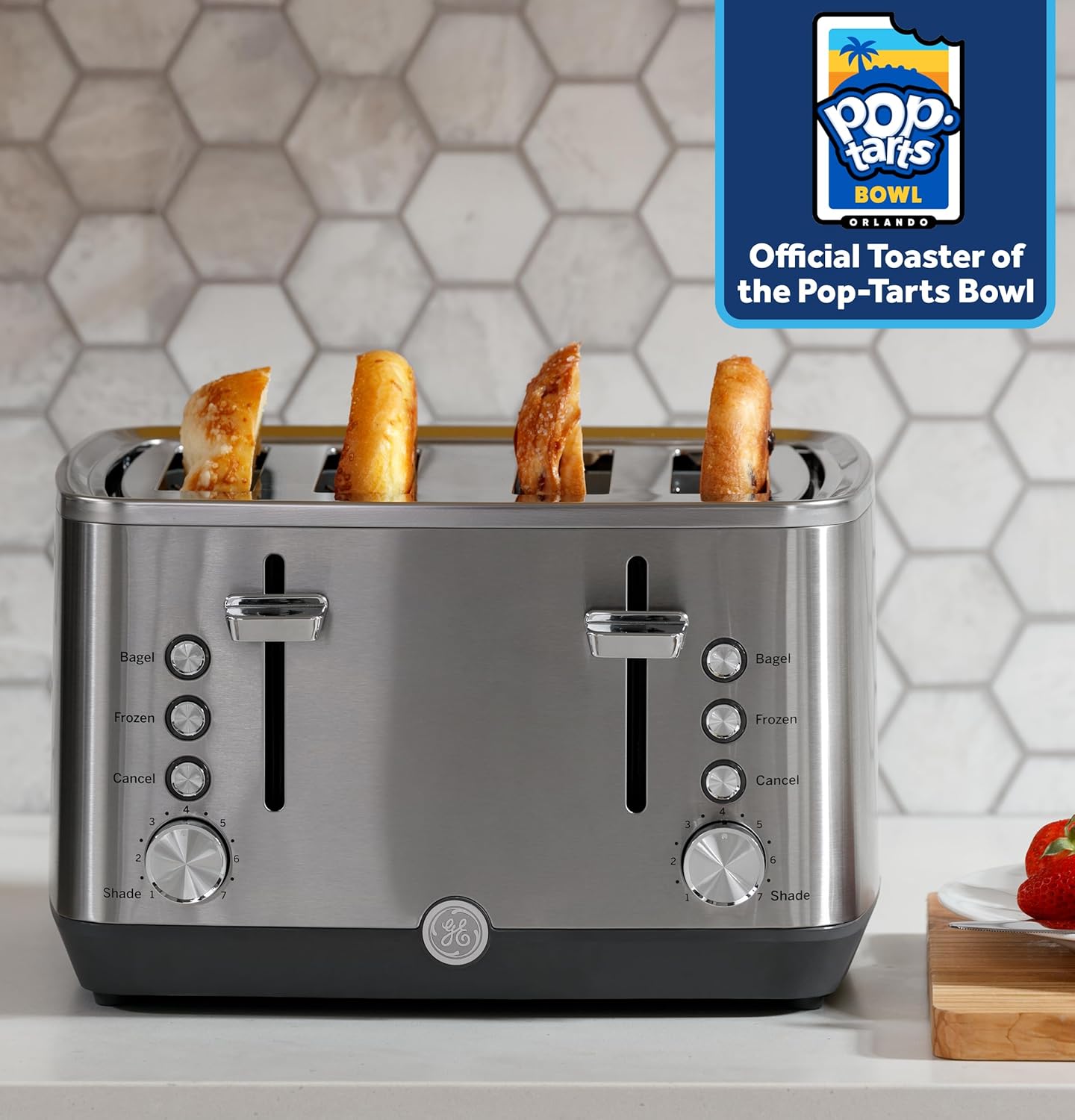 GE Stainless Steel 4 Slice Toaster | Extra Wide Slots for Bagels, Breads, Waffles & More | 7 Shade Options | Countertop Kitchen Essentials | 1500 watt