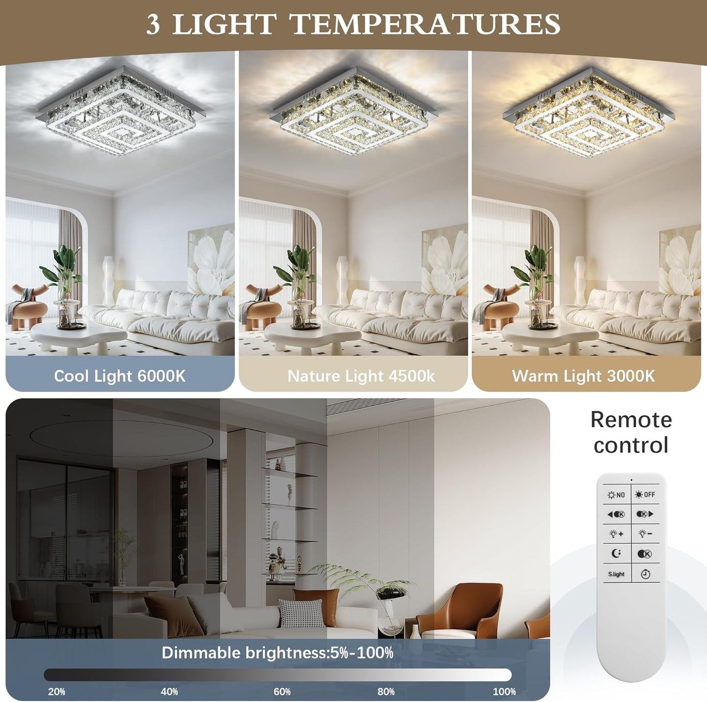 34" Modern Crystal Chandelier with Remote/App Control, Dimmable Flush Mount Ceiling Light Fixture, 3-Color Temperature, Led Ceiling Lamp for Living Room Bedroom Kitchen Dining Room Entryway