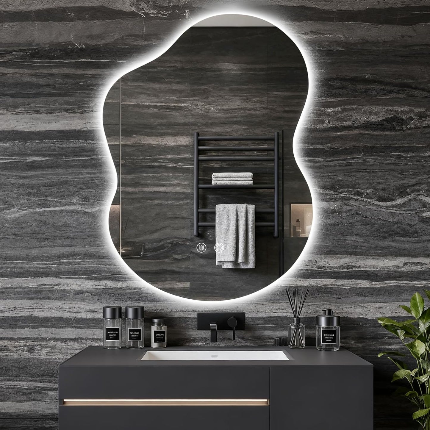 Asymmetrical Lighted Mirror for Bathroom,Modern LED Vanity Mirror with Backlit,Fog-Free,Tri-Color Dimmable Lighting with Memory Function,Hardwire Ready [Horizontal/Vertical] 30" H x 22" W