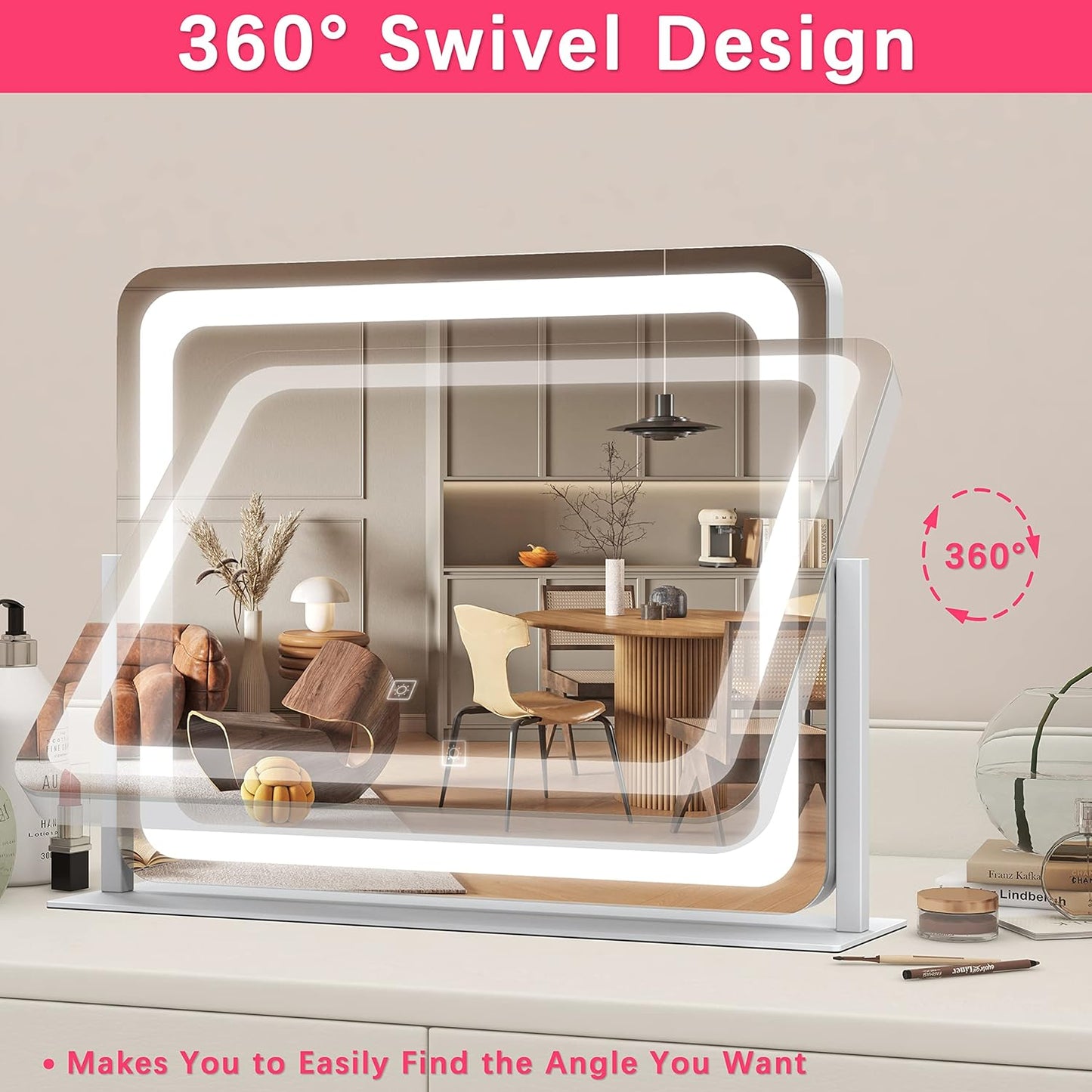 ROLOVE 22x17 Inch Lighted Vanity Mirror with Dimmable LED Lights - 3 Color Modes, Smart Touch Control & 360° Rotating Base - Desk Makeup Mirror (White)