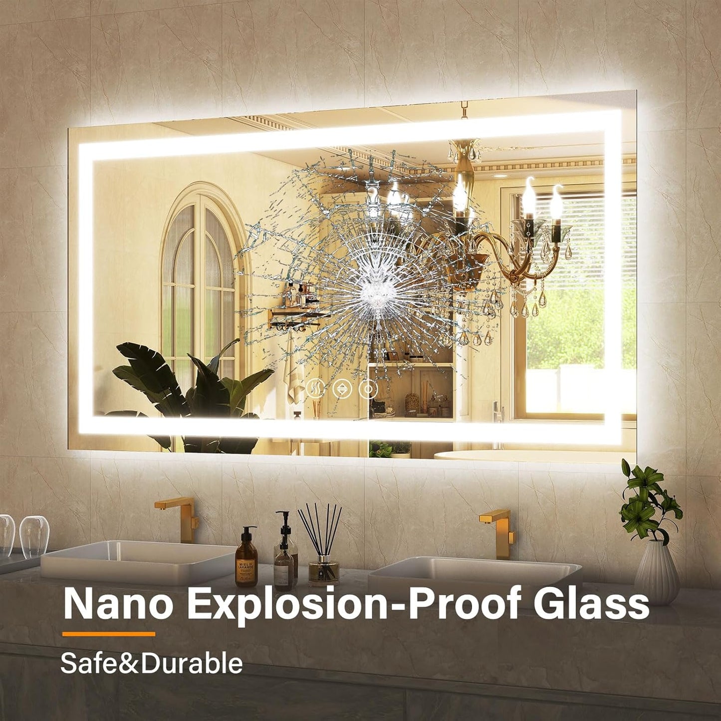 GLSLAND LED Bathroom Mirror - 48"x32" Anti-Fog Lighted Wall Mirrors with Memory Function, Dimmable, Frontlit & Backlit, Horizontally/Vertically, Tempered Glass
