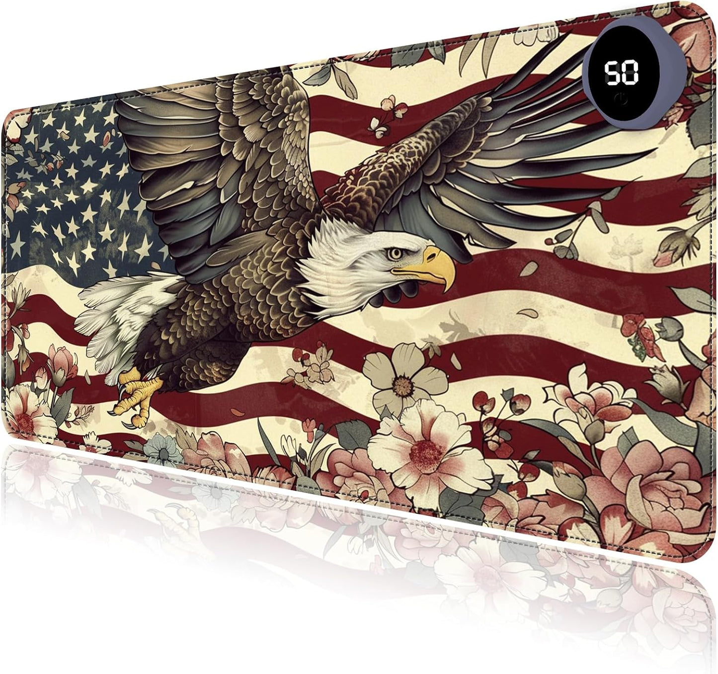 Heated Mouse Pad with 3 Levels Heated & 3 Hours Auto Shut-Off Mouse Pad for Warming Hands in Office Home, 31.5" x 13"Large Safe Desk Mat Hand Warmer，Flying Eagle Flag Flowers