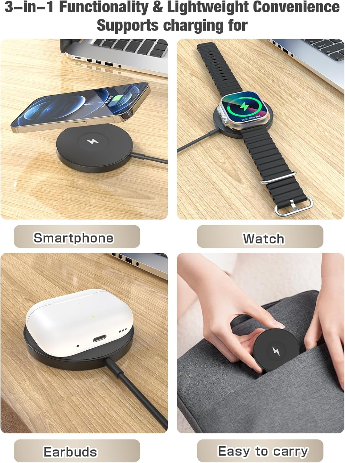 3-in-1 Magnetic Wireless Charging Pad with 15W Fast Charging for iPhone 17/16/15/14/13/12 Series, Apple Watch & AirPods, Compatible with MagSafe, for Bedside Desk Travel Home Office (Black)