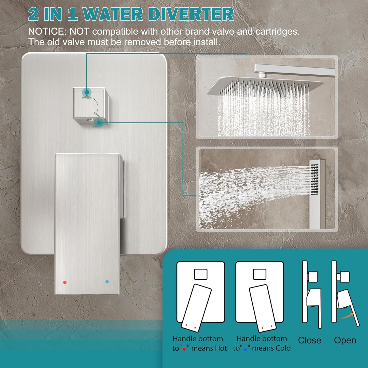 Shower System, Brushed Nickel Shower Faucet Set with 12-Inch Rain Showerhead and Handheld Spray, Wall Mounted High-Pressure Showerhead Combo Set Included Valve and Trim, Brushed Nickel