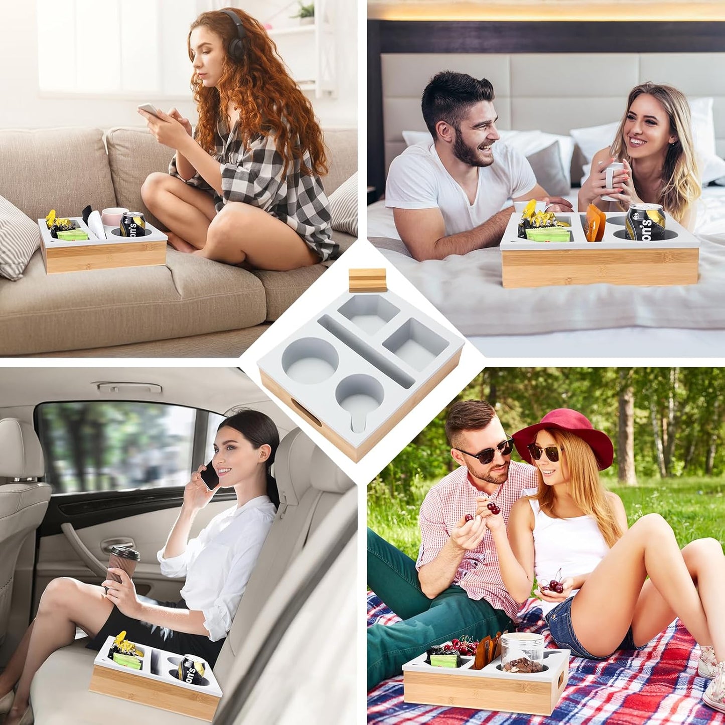 Couch Cup Holder Tray, Couch Caddy with Rotatable Phone Holder, Wooden Sofa Drink Holder with Handle for Bed Car Seat Beach Organizer, Anti-Spill for Snacks Beverage Remote White