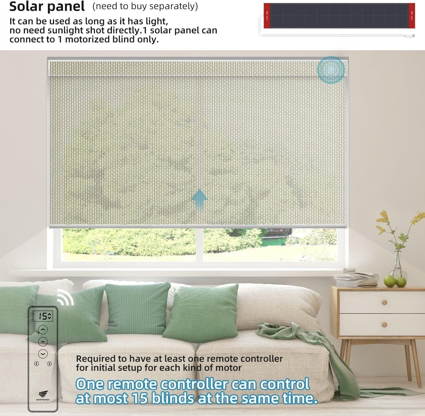 SmartWings Motorized Roller Shades 5% Openness Work with Homekit, Alexa SmartThings Google, Zigbee Motor Smart Blinds for Windows, Cordless Remote Window Shades, Rechargeable, Customized, White Linen