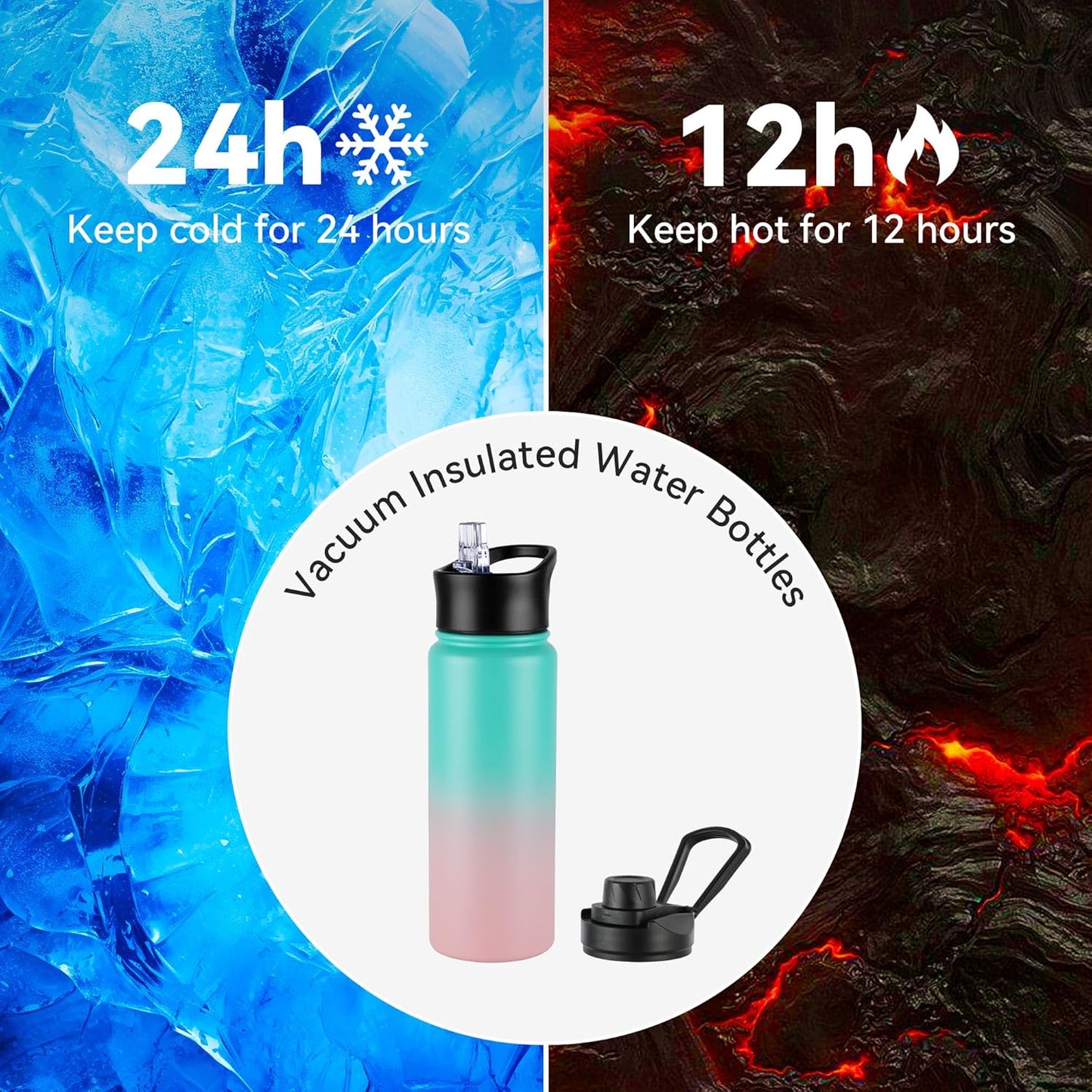 24oz Insulated Water Bottle with Straw Lid, Stainless Steel Metal Water Bottle with Straw & Wide Mouth Lid, Double Wall Vacuum Water Bottle for Hiking Camping, Bubble Gum 4 Pack