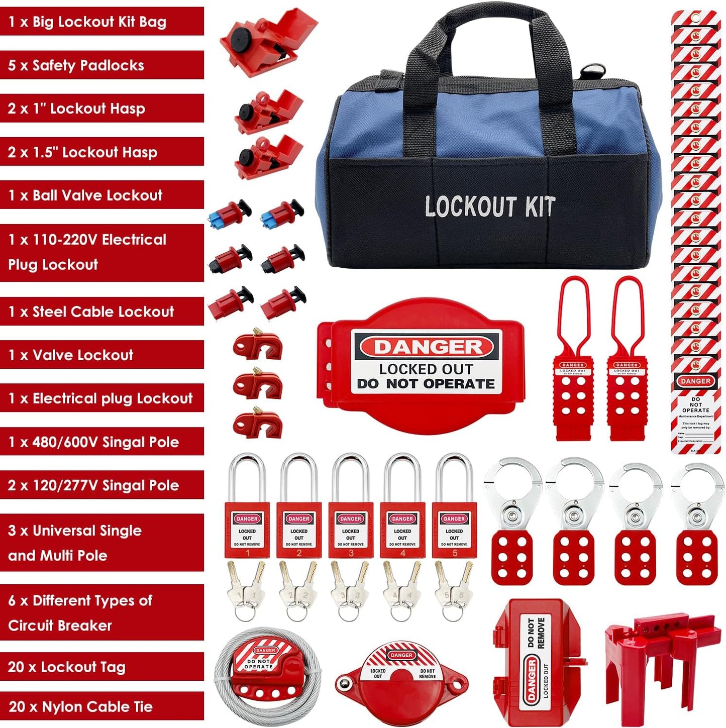 JOJOMARK Lockout Tagout Kit - Clamp-On Circuit Breaker Lockout, Group Lockout Hasps, Lockout Tag, Universal Multi- Pole Breaker with Pocket Bag (Blue Bag kit)
