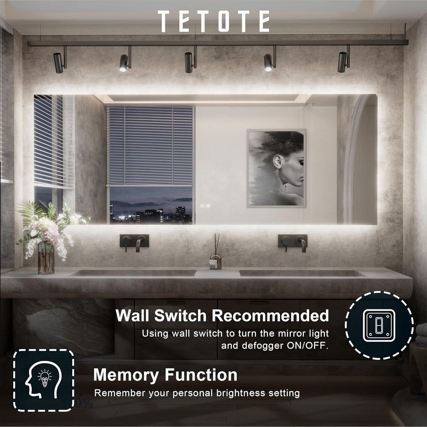 TETOTE 96 x 36 Inch LED Backlit Bathroom Mirror with Lights,Anti-Fog Lighted Mirror,Dimmable,Vanity Mirror,Wall Mounted