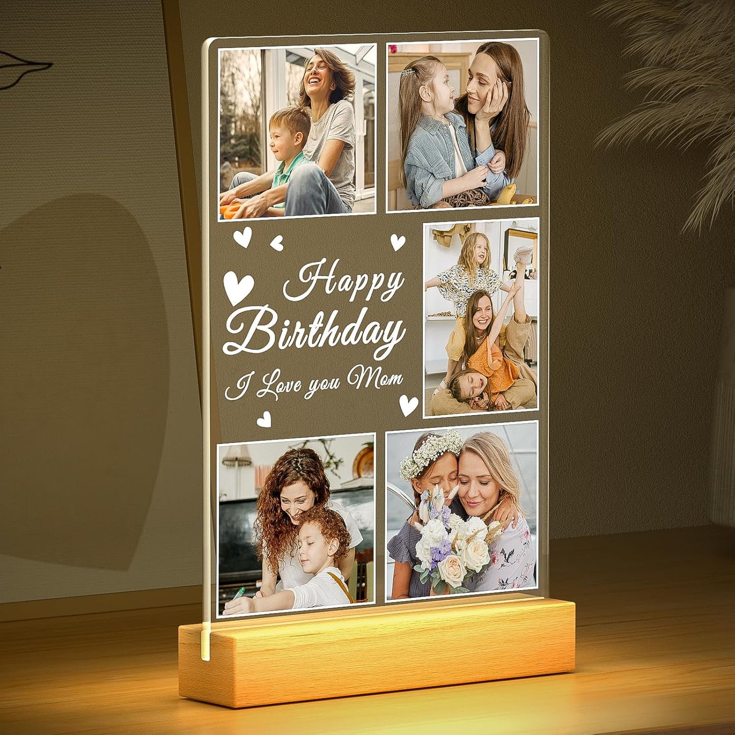 Custom Picture Frames with Photos, Personalized Photo Frame with Night Light, Customized Mothers Day Gifts for Mom, Personalized Birthday Gifts for Mom from Daughter Son