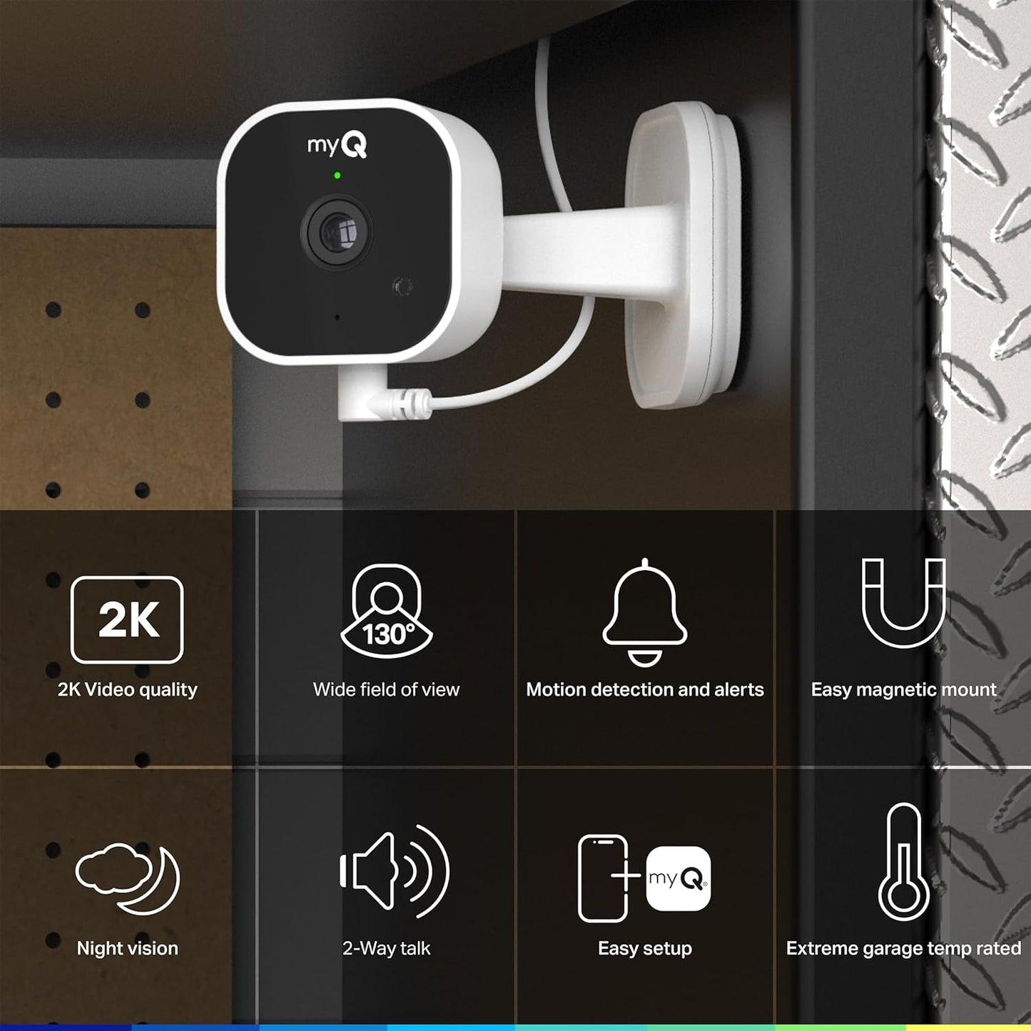 myQ Garage Plug-in Camera Gen 2 – 2K Smart Wi-Fi Garage Camera with Night Vision, Wide-Angle Lens, 2-Way Audio, Magnetic Base & Motion Alerts, App Control – Compatible with Your Garage Door Opener