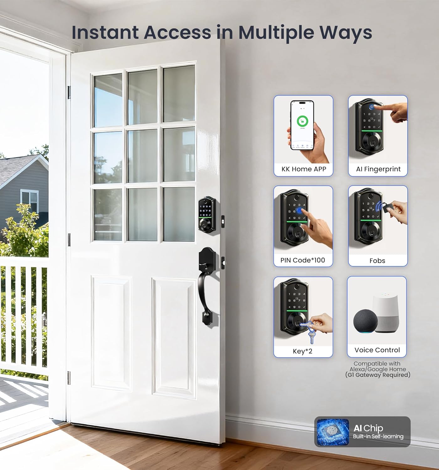 Veise VE017-H Fingerprint Smart Front Door Lock Set, App Control, Keyless Entry Deadbolt with Handle, Smart Deadbolt, Emergency Power Port, Touchscreen Keypad, Auto Lock, Easy Install, Matte Black