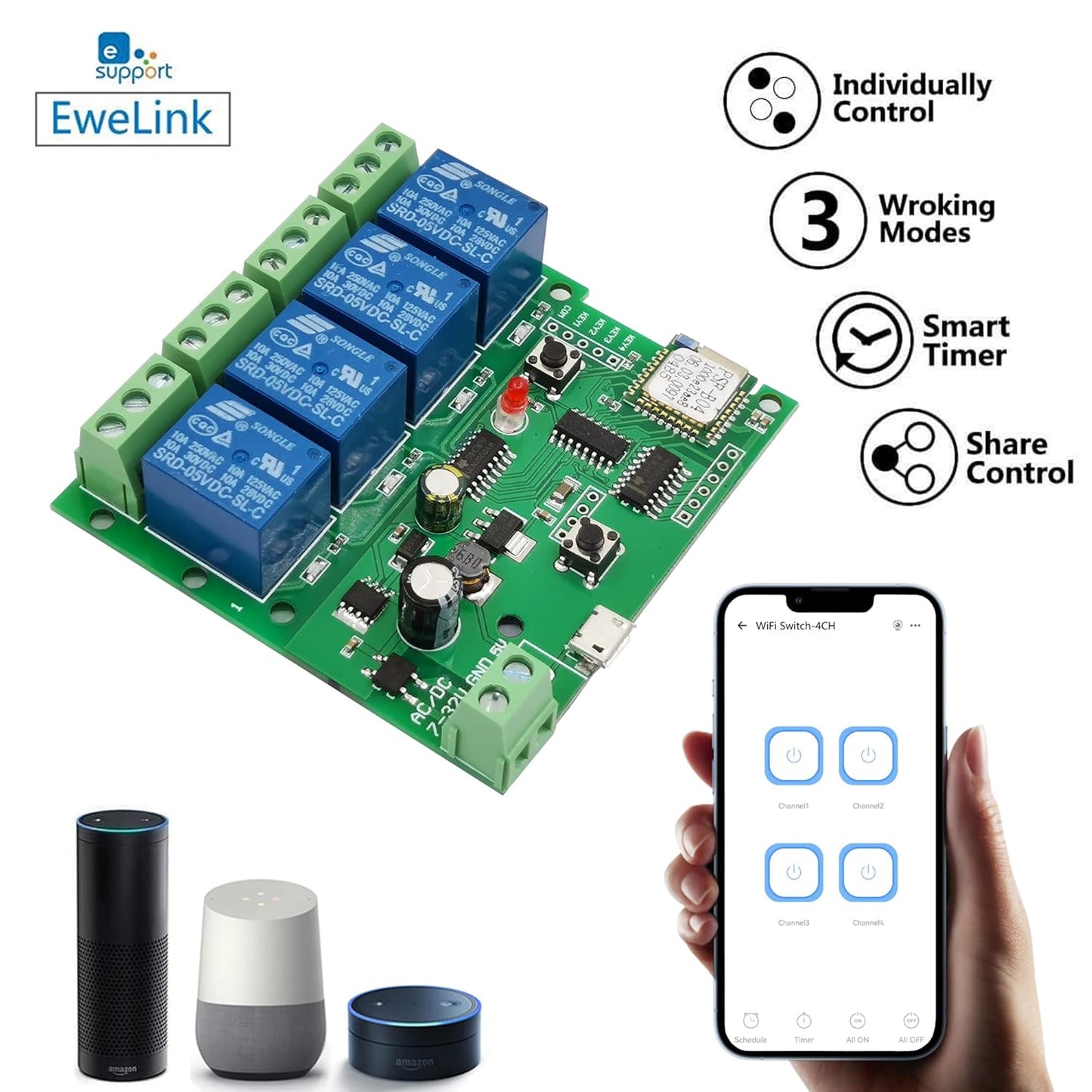 Jane Eyre 4 Channel WiFi instantaneous Jog Relay self-Locking Switch Module DIY Garage Door Switch Module Ewelink APP Control, Compatible with Alexa Goolge Assistant