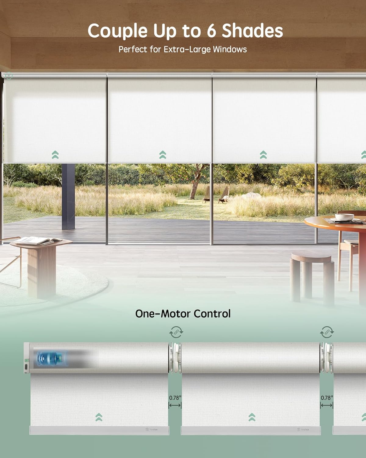 Yoolax Smart Coupled Roller Shades Compatible with Alexa Google, Motorized Blinds with Remote Light Filtering Coupled Roller Shades for X-Large Windows, Custom Size(XL Coupled-Pure White)