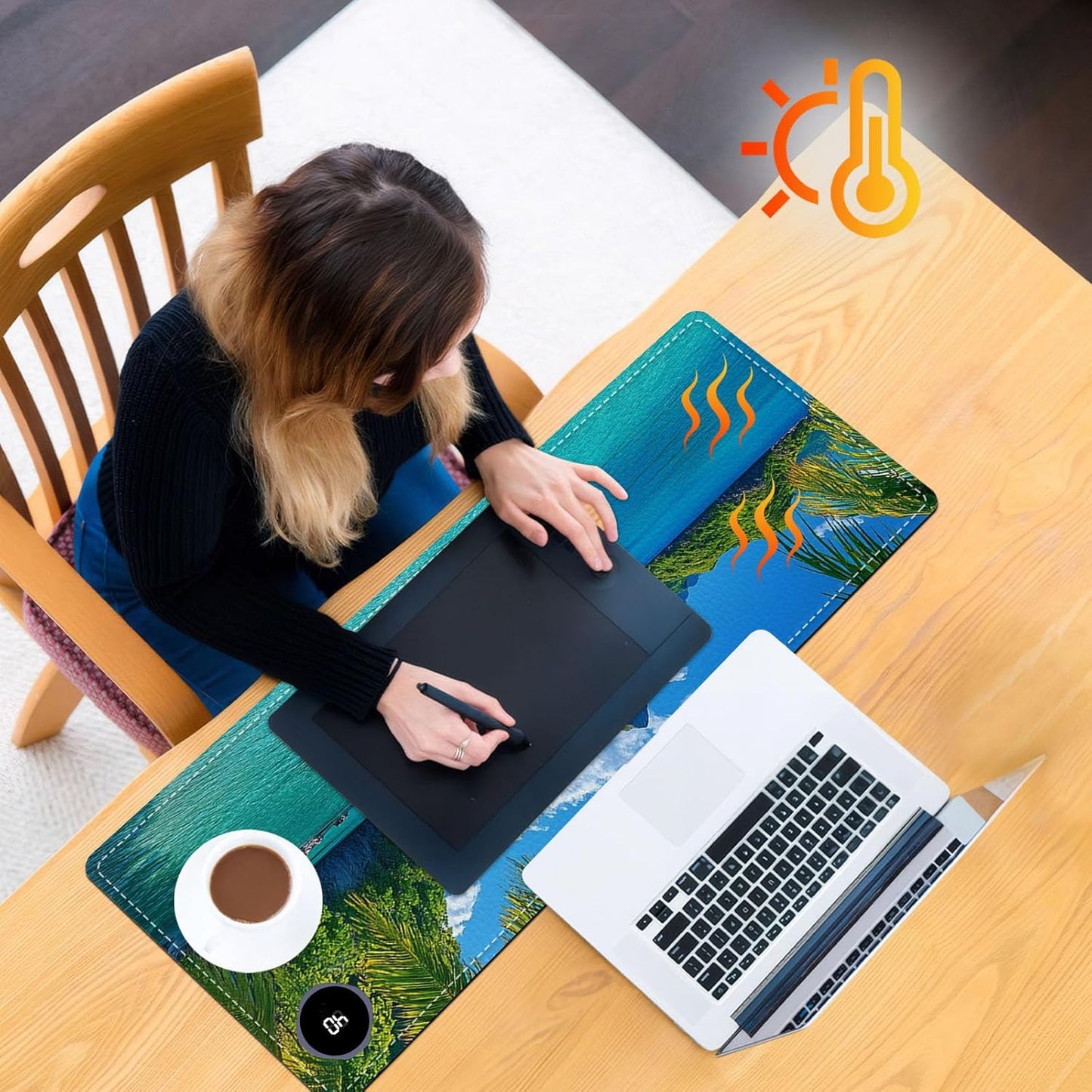 Heated Mouse Pad 31.5x13 in 3-Temp Fast Heating Desk Mat with Auto Timer Warmer for Hands Wrist Pain Relief Waterproof Keyboard Mat for Office, Gaming, Home, Tropical Paradise Beach