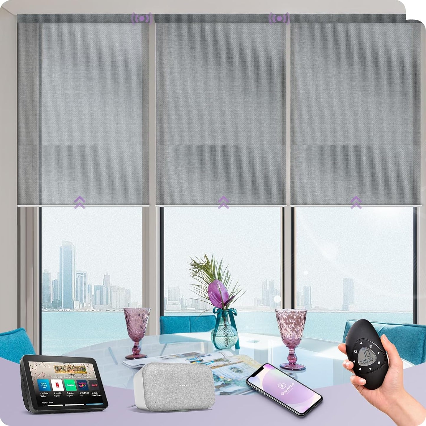 Graywind Motorized Solar Shades Compatible with Alexa Google Remote Electric Window Shade Fireproof Smart Roller Blinds with Valance for Home Office Patio, Custom Size (5% Openness Grey)