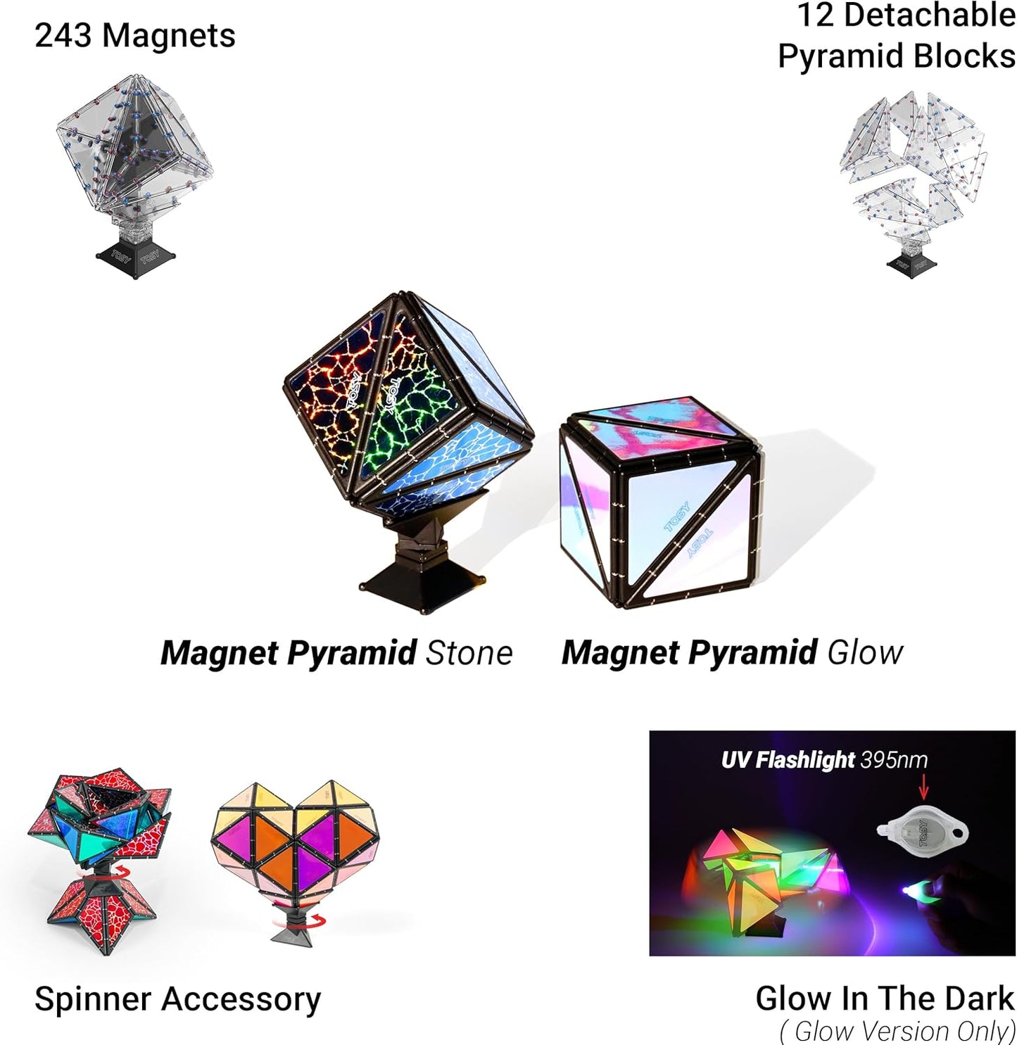 TOSY Magnet Pyramid Stone - 1 Cube Transforms into 1 Billion Shapes, 14 pcs (12 Puzzle pcs and 2 Spinners), 243 Magnets, Christmas Stocking Stuffers Gift for Kids, Creative Puzzle STEM Toy, 2-Pack