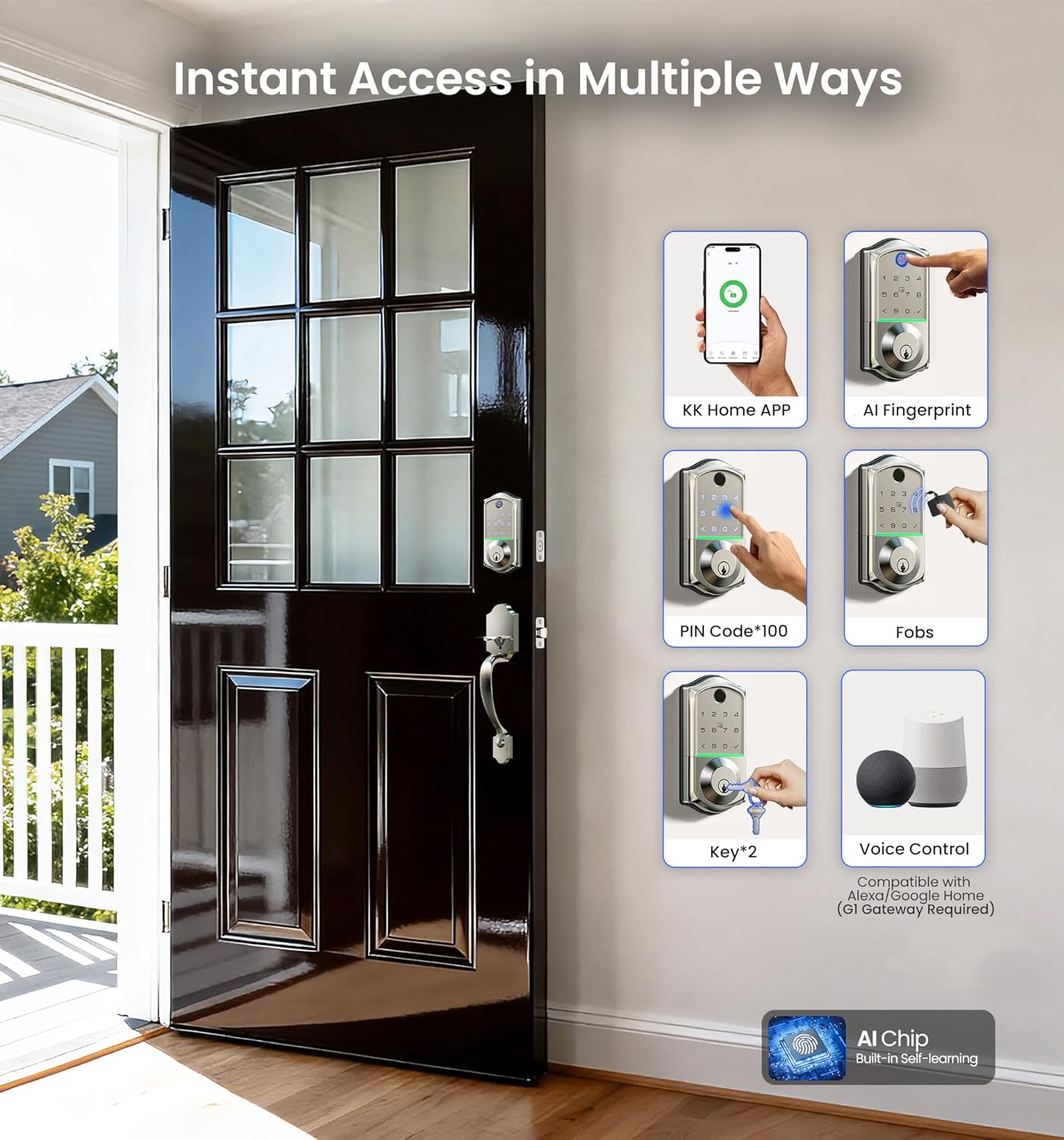 Veise VE017-H Fingerprint Smart Front Door Lock Set, App Control, Keyless Entry Deadbolt with Handle, Smart Deadbolt, Emergency Power Port, Touchscreen Keypad, Auto Lock, Easy Install, Satin Nickel