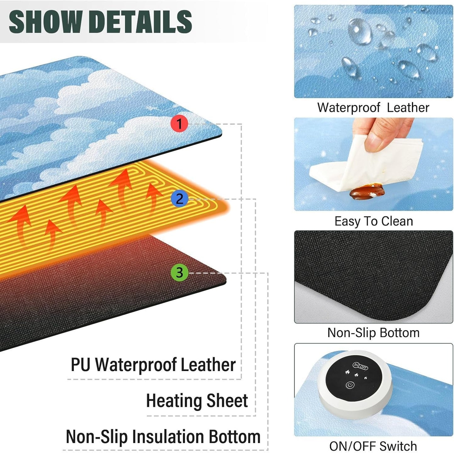 Heated Desk Pad Mouse Pad 31.5x13 Inch PU Leather Desk Mat with 3 Heat Levels Large Mouse Gaming Computer Laptop Mat Blue Gradient Cloud and Stars