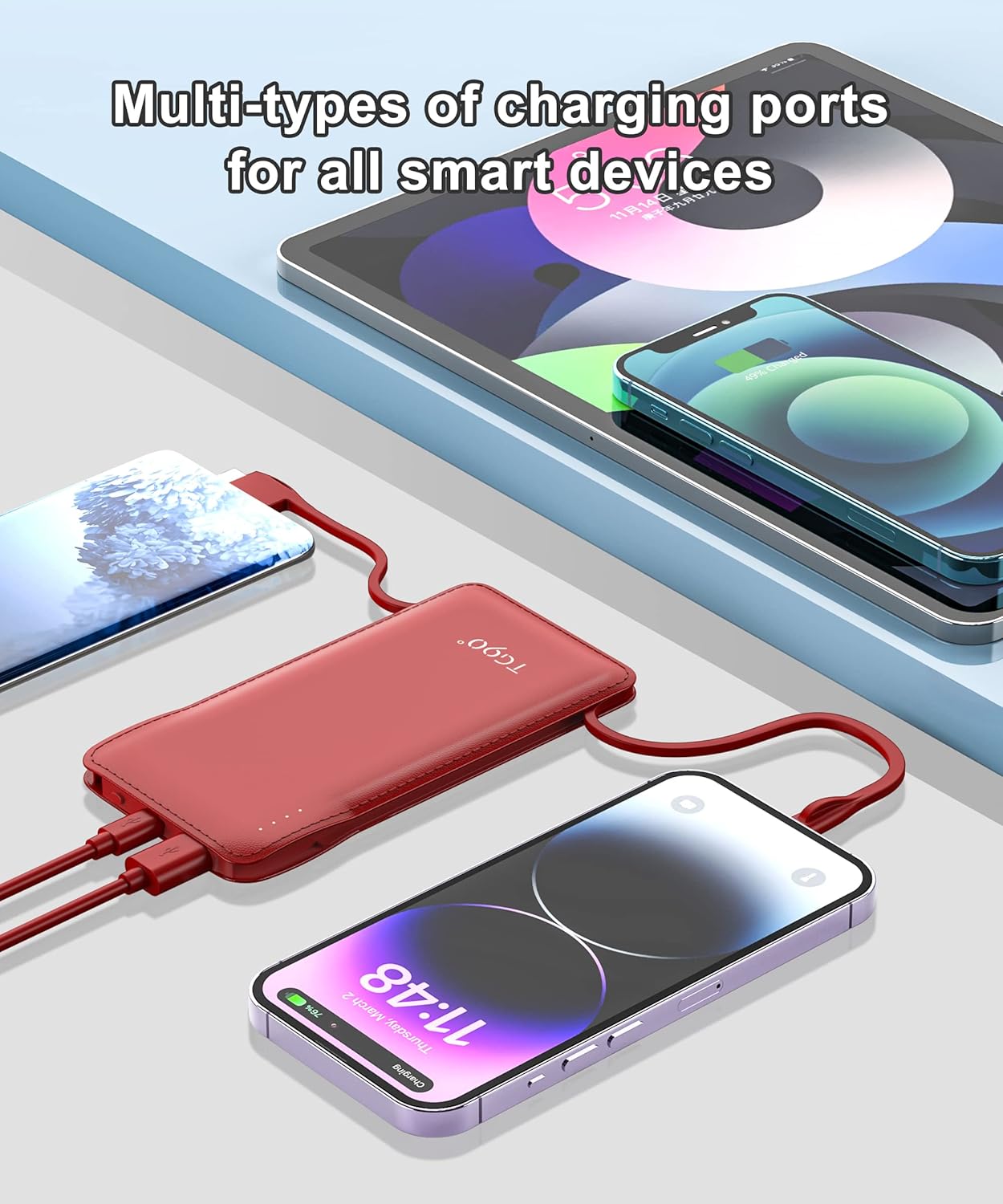 TG90° Portable Charger 10000mah Cell Phone Battery Backup, Ultra Slim Power Bank with Built in Lightning and USB-C Cable, Portable Phone Charger Battery Packs Compatible with iPhone Android Phones