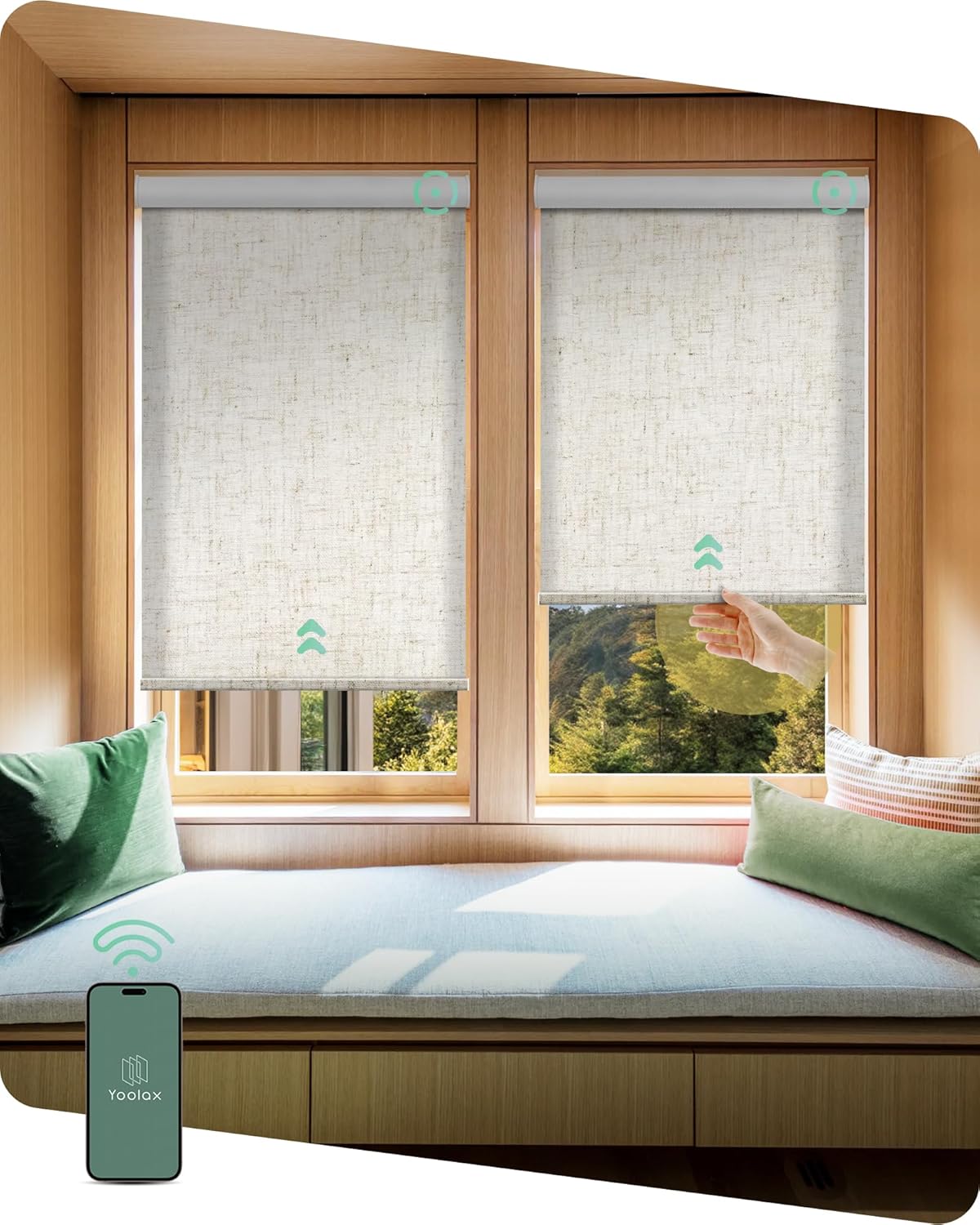 Yoolax Motorized Shades Dual Control, MotionFlex Motorized Roller Shades with App & Manual Control, Pull Down Automatic Shades for Indoor Windows, Custom Size(Light Filtering Linen Beige)