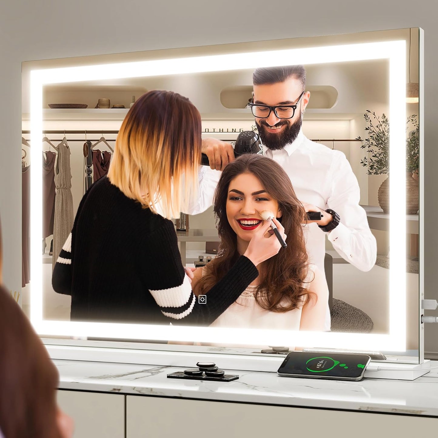 ROLOVE Vanity Mirror with Lights, 32" x 22" Large Lighted Vanity Mirror with Dimmable 3 Modes, LED Makeup Mirror, USB Charging Port, Tabletop or Wall-Mounted Square White