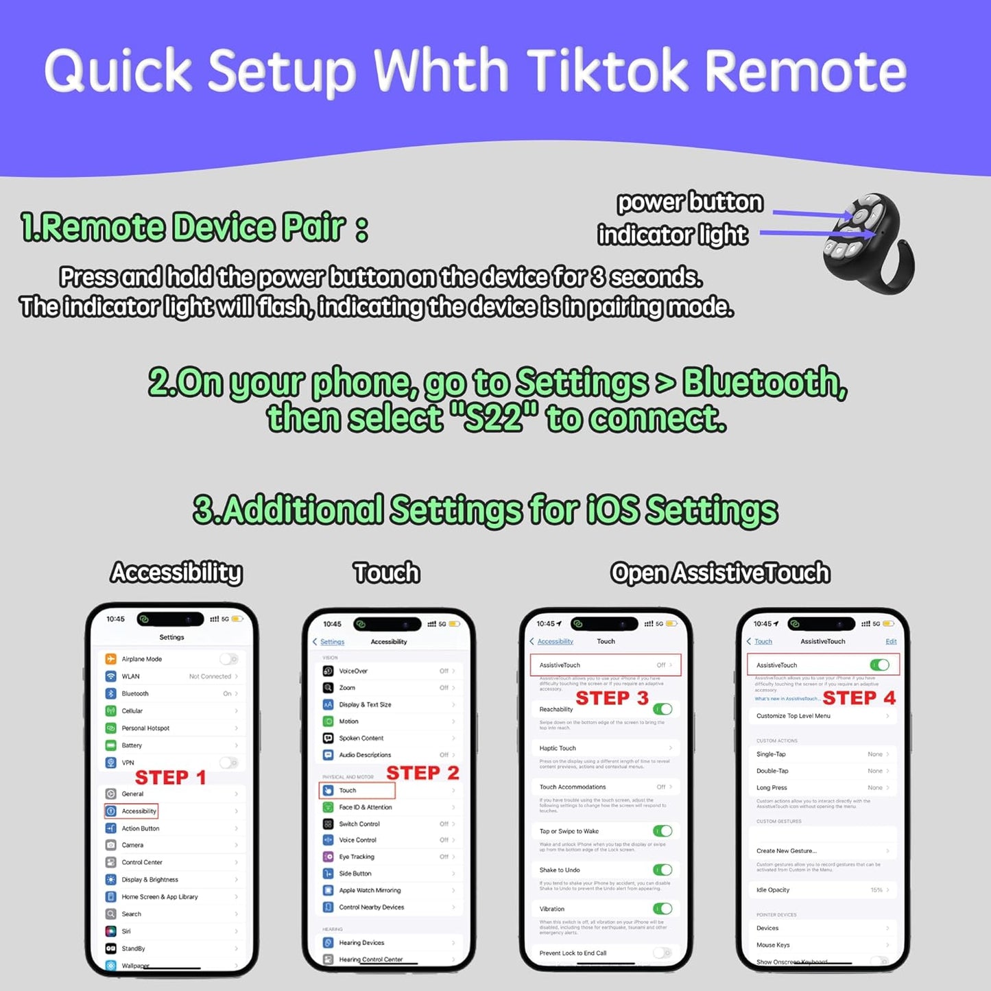 TikTok Scrolling Ring Microphone Remote Control,Fingertip Wireless Bluetooth Remote Control;for iPhone,Google Pixel,Samsung Phone (Black)