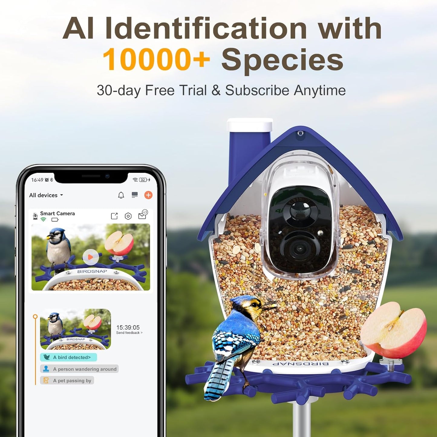 birdsnap® P33 - Smart Bird Feeder with Camera Solar Powered, 2K Video Bird Camera Feeder Live with 32GB Card, AI Identify Feather Species, Auto Record in Backyard, Ideal Gift for Birds Lover