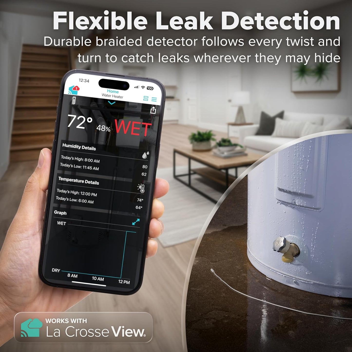 Leak Geek Area Detection Wi-Fi Alert System with The Bridge Gateway and Water Leak Area Detection Sensor with 76-inch Cable