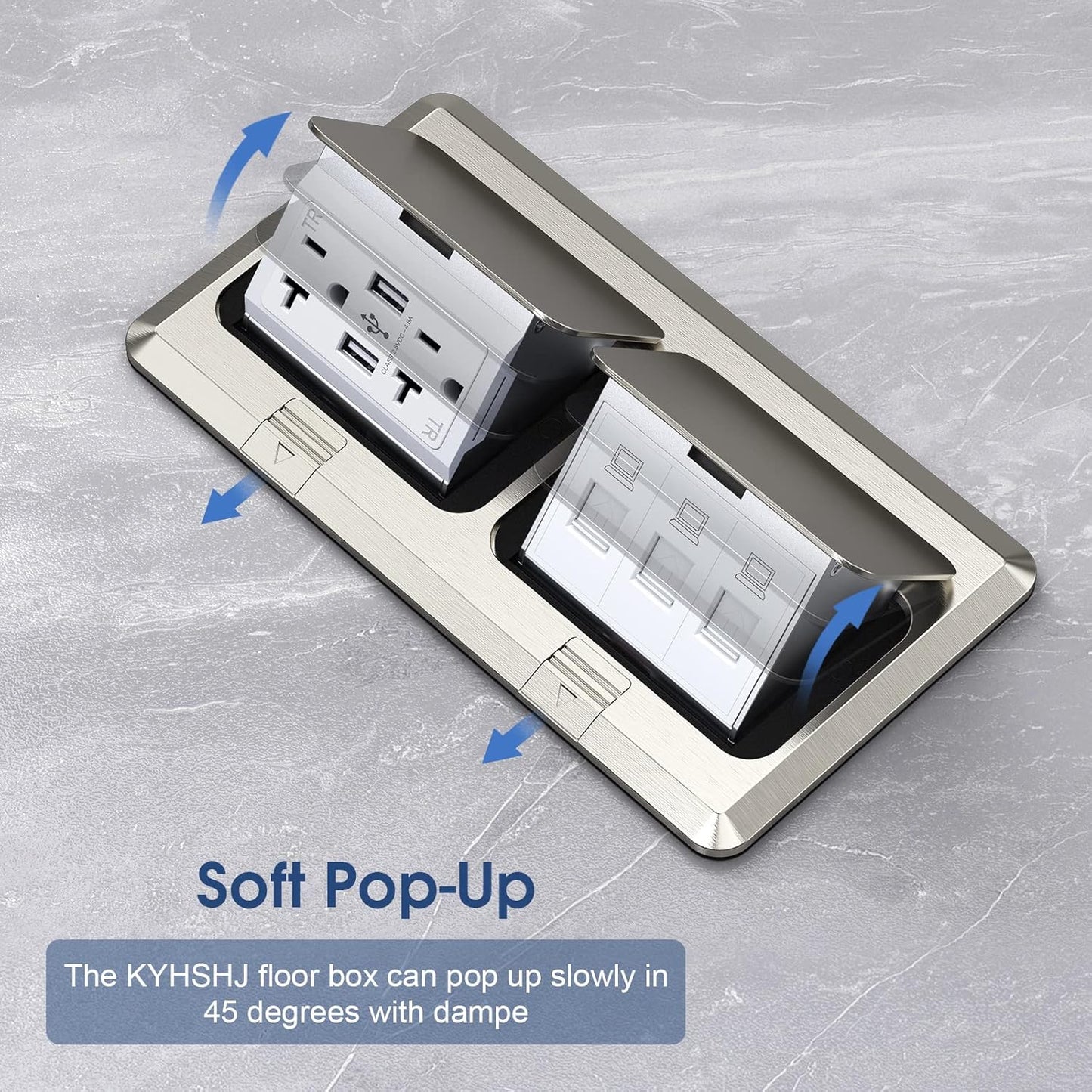 KYHSHJ Dual Pop-Up Floor Electrical Outlet Box Kit，20 Amp Stainless Steel USB TR Receptacle Outlet，3-Port RJ45 Datacom Receptacle，Waterproof Gasket with IP44 Waterproof Rating, Stainless Steel Color