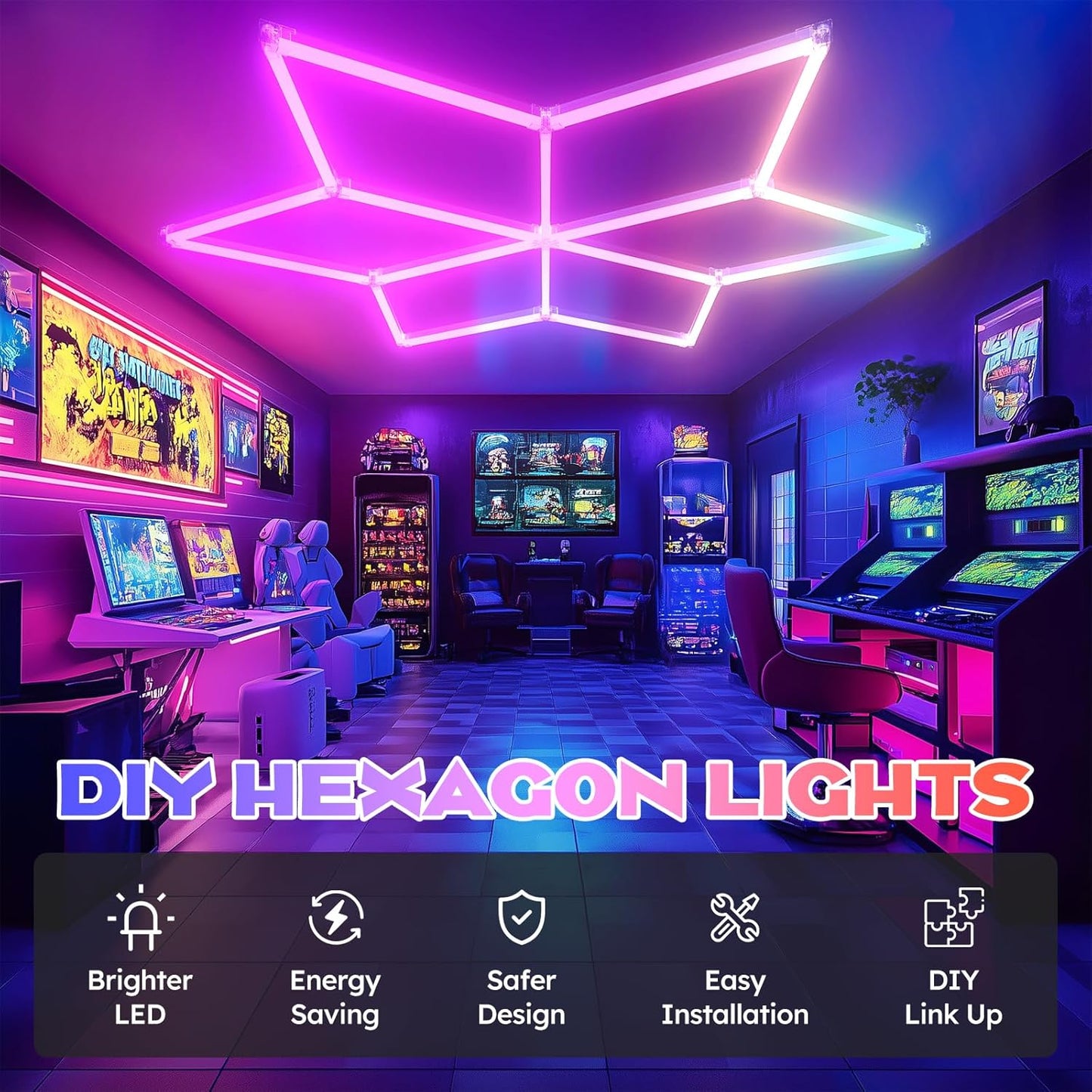 RGB Hexagon Garage Lights - 356 Colors Mode with Music Sync, 18-Piece LED Honeycomb Light Set for Garages, Workshops, Man Caves, Bedroom, Bars