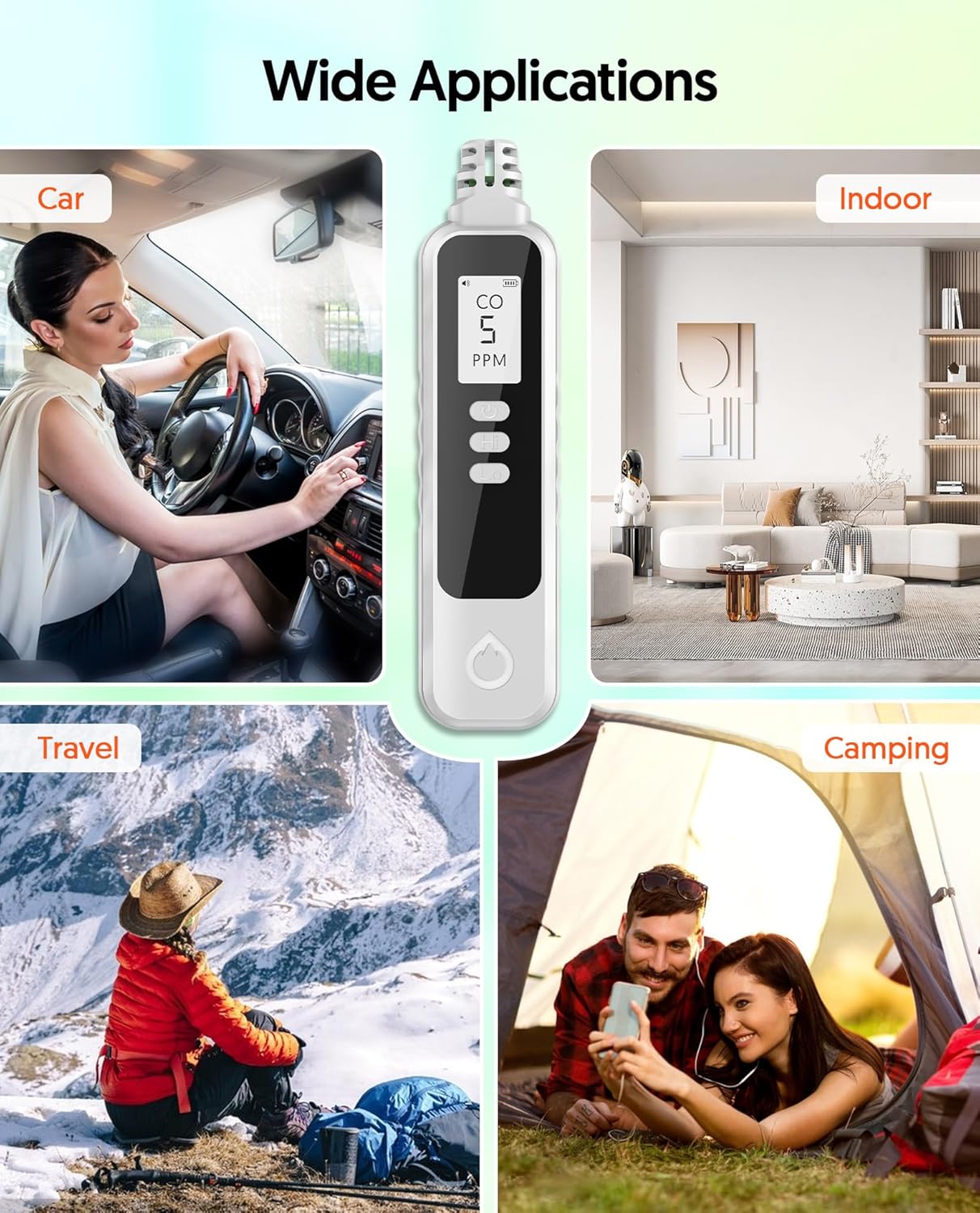 Carbon Monoxide Detectors Portable CO Detector Battery Powered, Handheld Carbon Monoxide Monitor Alarm Detector with LCD Display for Home/Outdoor/Travel (Batteries Included) (White)