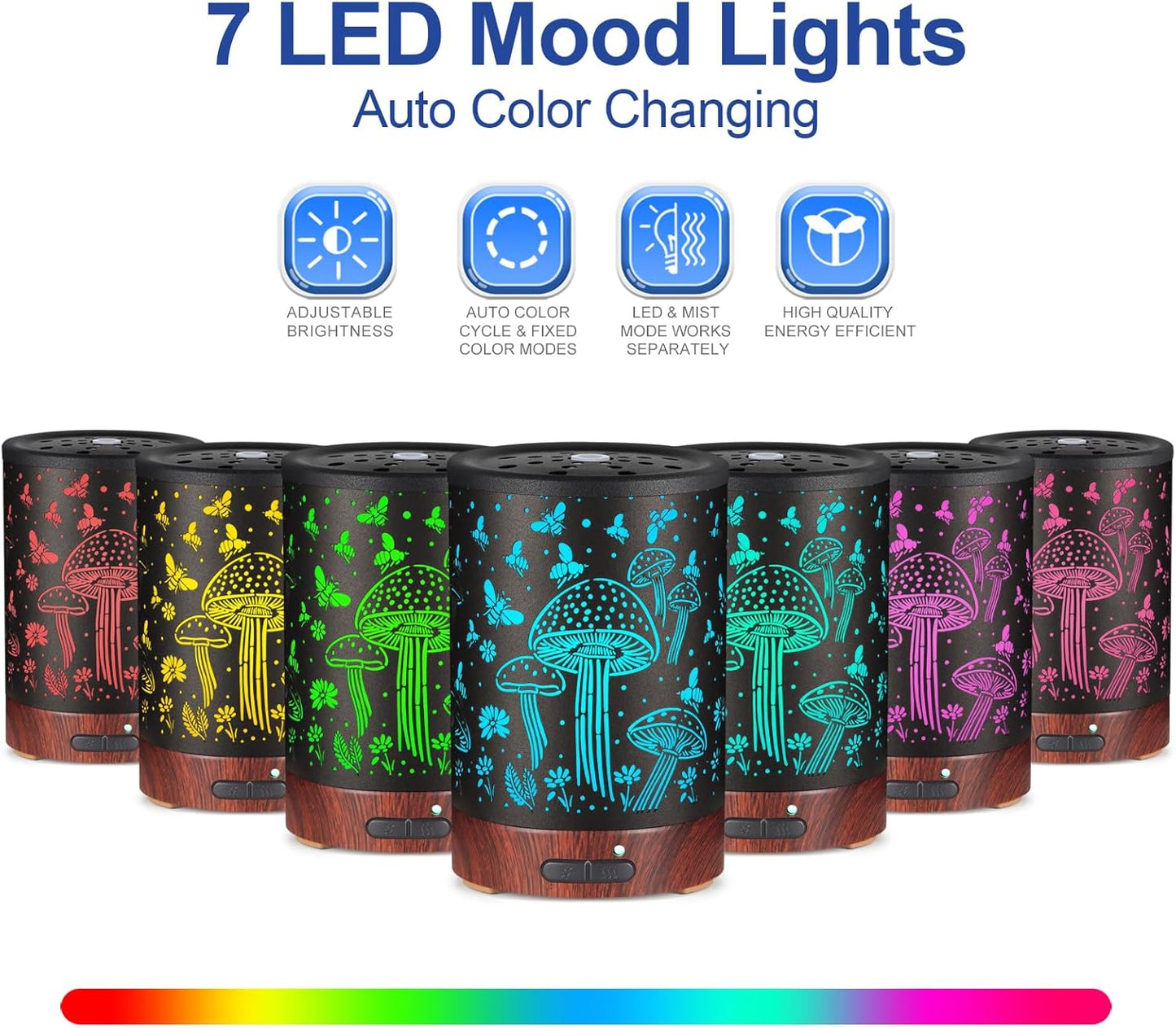 Essential Oil Diffuser- Aromatherapy Diffuser with7 Colors Light and Auto-Off for Women Metal Cool Mist Humidifier for Home and Office for Mom Women（Mushroom + Bee）
