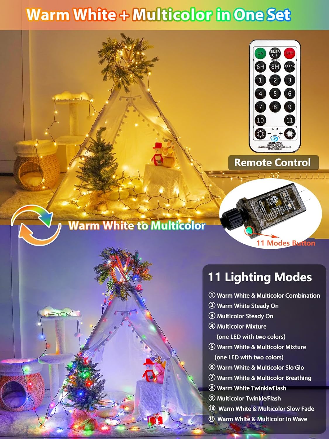 300 LED 99 FT Color Changing Christmas Lights with Remote and Timer, Fairy String Lights with 11 Lighting Modes & Memory Function Waterproof for Xmas Tree Holiday Party Decor(Warm White & Multicolor)